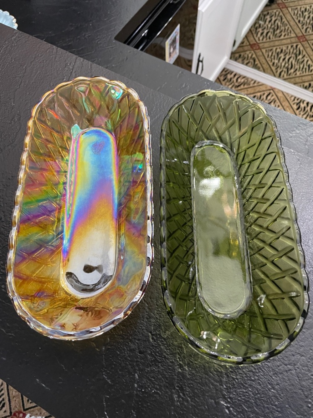 Indiana Glass Iridescent and Green Oblong Snack Dishes No cracks or chips - Picture 2 of 8